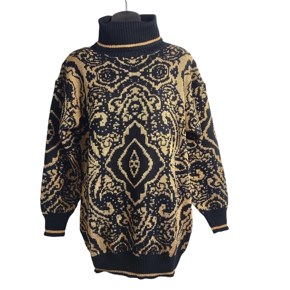 Vintage Pronto Moda Black Gold Turtle Neck Sweater Size S